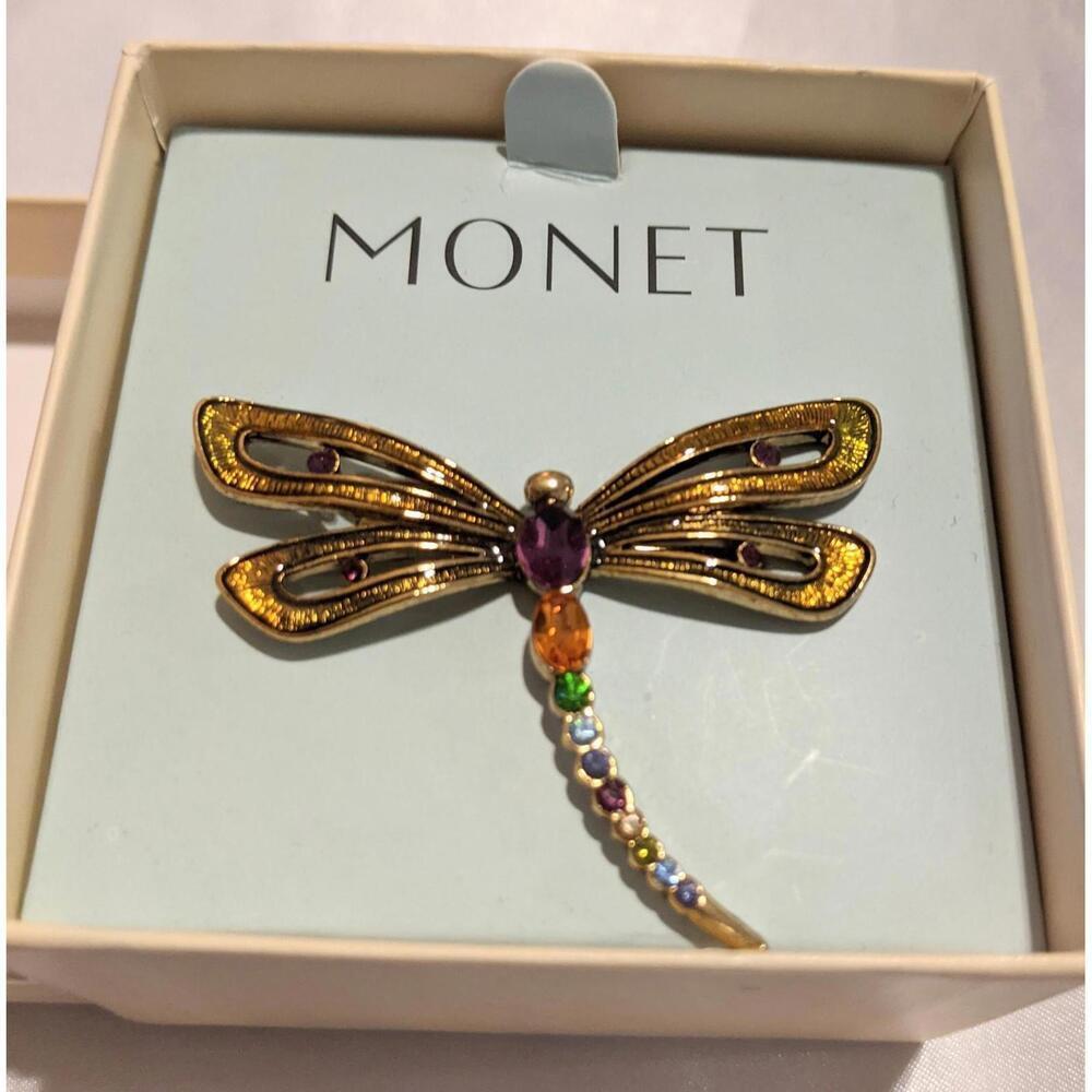 MONET Multi-Color Crystal Rhinestone Dragonfly Brooch Pin Gold Tone NIB